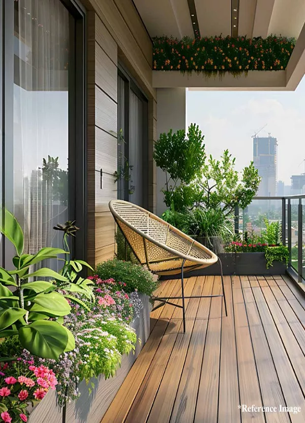 Balcony view of Spiti Homes Greenwood Estate independent luxury floors with wooden deck and green plants