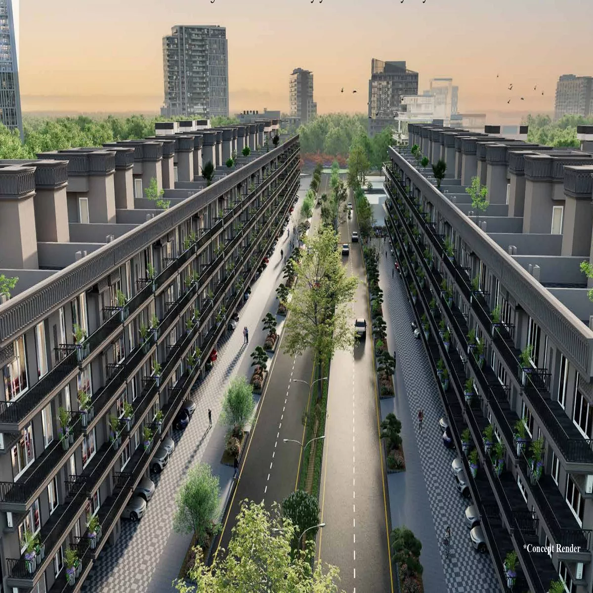 Aerial view of Spiti Homes Greenwood Estate independent luxury floors in Sector 99A Gurgaon on a wide internal road